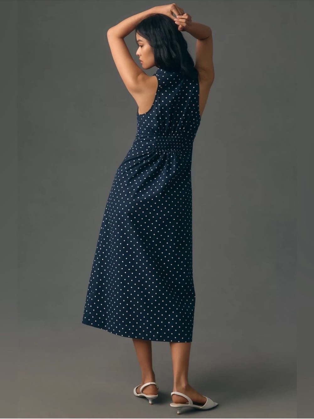 Anthropologie Maeve Halter Slim Midi Button Down Dress Polka Dot Blue Size XS - Picture 2 of 12